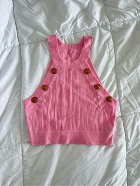 Cider Pink Ribbed Halter Crop Top with Gold Buttons